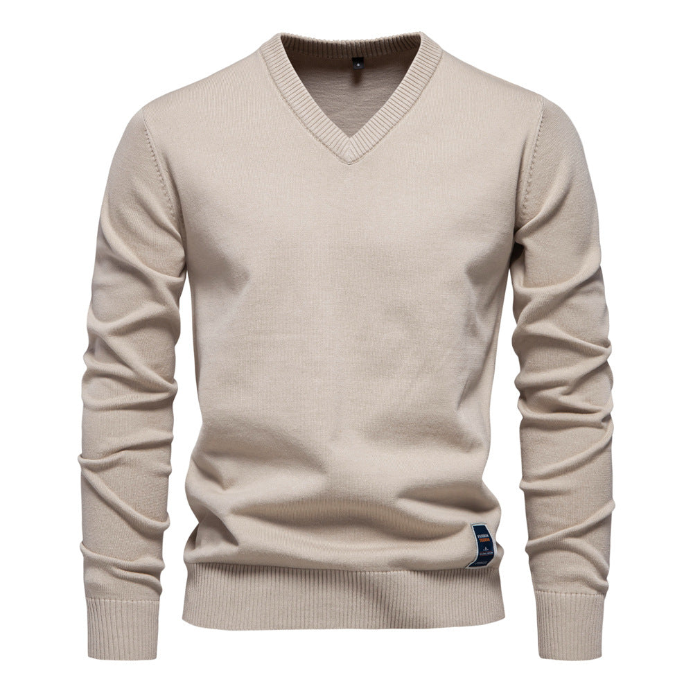 2025 Fall/Winter Men’s Cotton V-Neck Sweater | Trendy Solid Color Knit Pullover