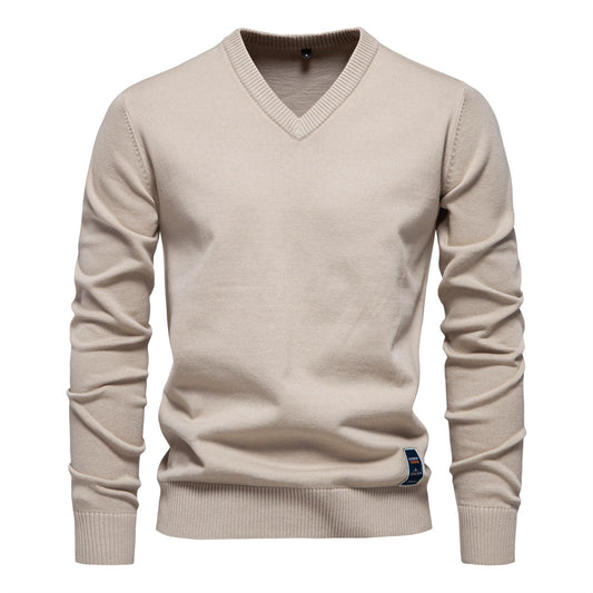 2025 Fall/Winter Men’s Cotton V-Neck Sweater | Trendy Solid Color Knit Pullover