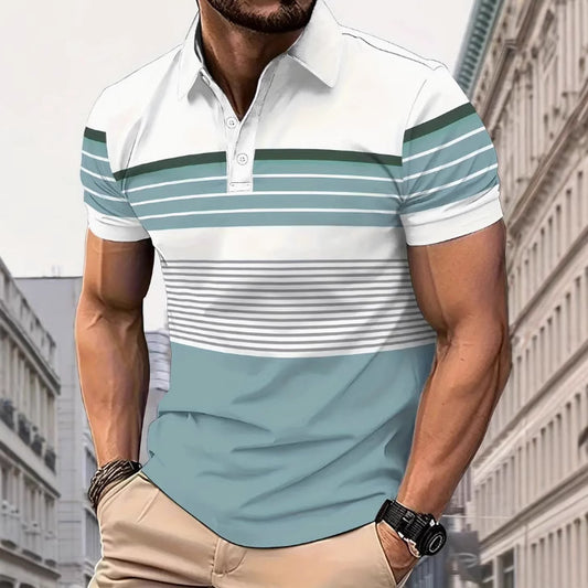 New Men's Wear 3D Digital Stripe Print Casual Men's Button Simple Business Polo Shirt