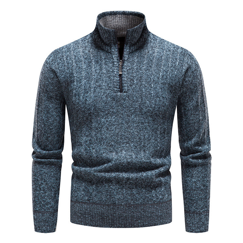 New Men's Stand Collar Pullover Sweater, Business Striped Fleece-Lined Knit Top