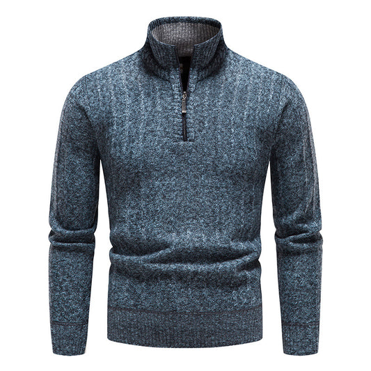 New Men's Stand Collar Pullover Sweater, Business Striped Fleece-Lined Knit Top