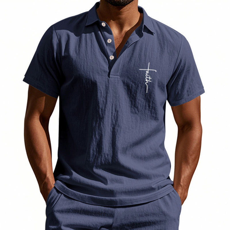Summer Men's British Style Loose Trendy Breathable Linen Turn-Down Collar Button Polo Shirt Short Sleeve