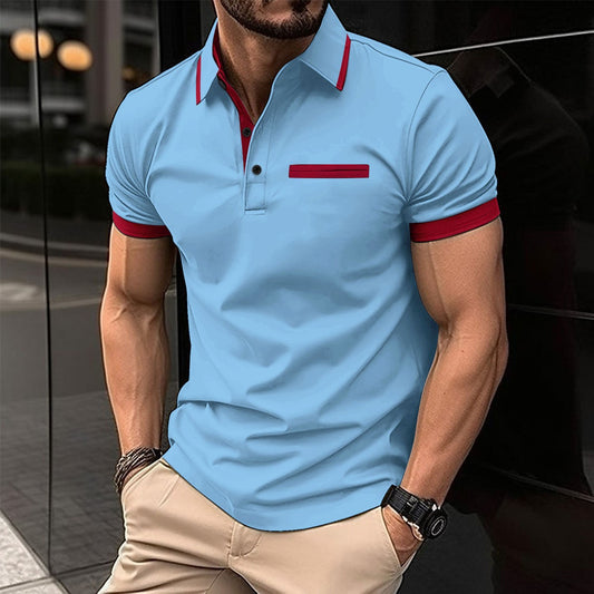 Summer Men's New Casual Turn-Down Collar Chest Fake Pocket Button Color-Block Casual Polo Shirt