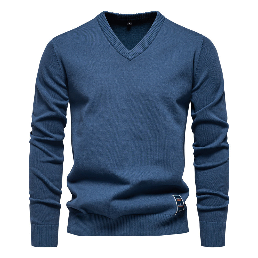 2025 Fall/Winter Men’s Cotton V-Neck Sweater | Trendy Solid Color Knit Pullover