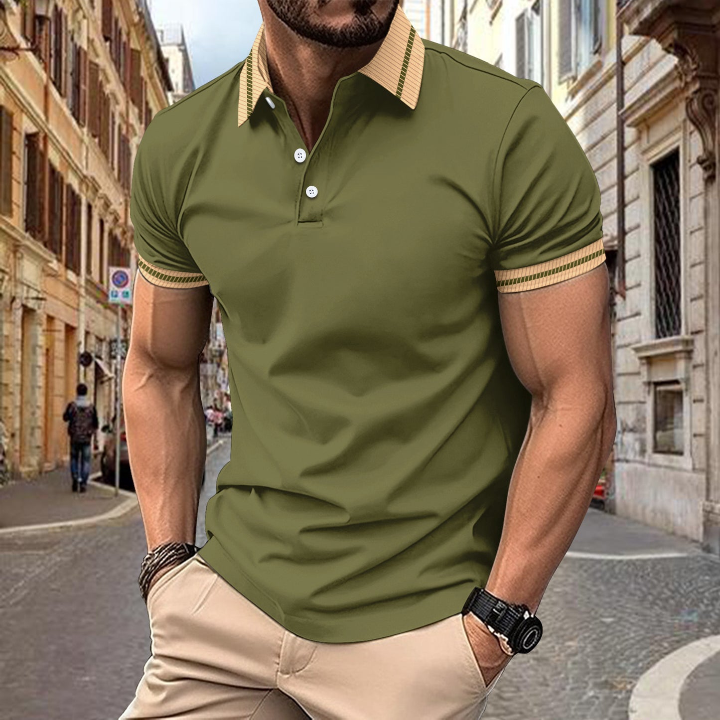 Ins Summer Polo Shirt Color-Block Button Men's Sport Polo Shirt