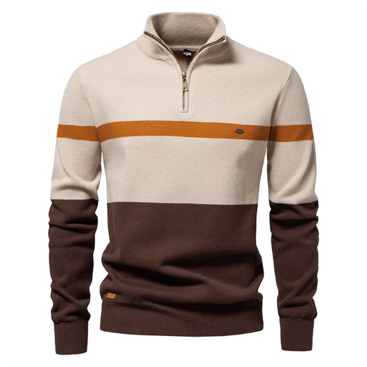 New Stand Collar Men's Sweater Half-Zip Color-Blocked Knit Top Premium Men's Wear