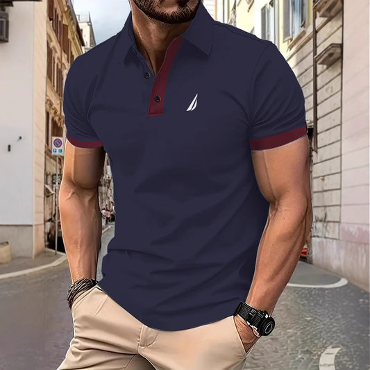 Ins Summer Men's Color-Block Polo Shirt Sport Casual Button