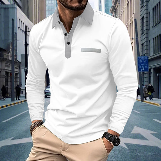 New Wish Autumn Men's Solid Color Casual Button Turn-Down Collar Long Sleeve Pocket Polo Shirt