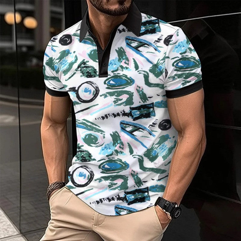 Trendy Men Summer Men's Short Sleeve Polo Shirt Turn-Down Collar Zipper Slim Fit Top T
