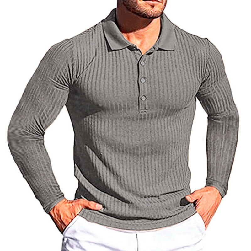 Wish Men's Summer Sport Fitness Casual Stand Collar Elastic Stripe Long Sleeve Polo Shirt Men