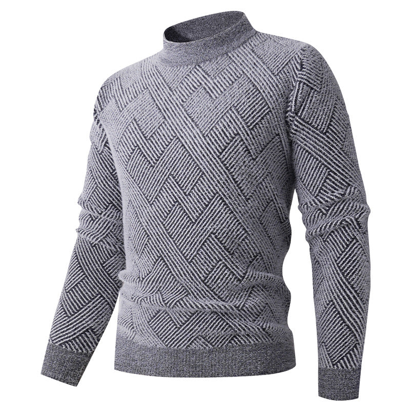 New Men’s Semi-Turtleneck Jacquard Knit Sweater – Base Layer Pullover