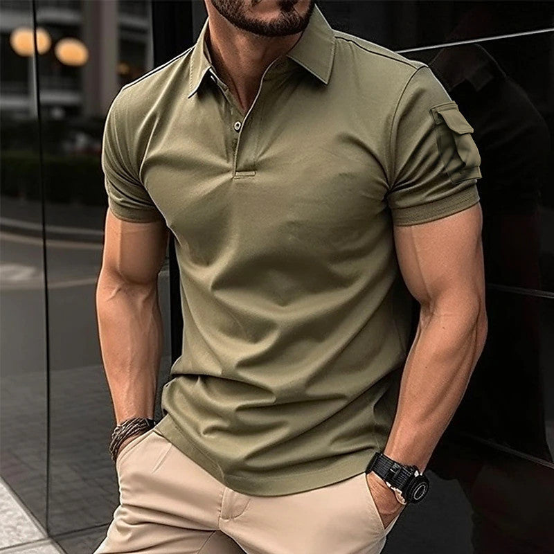 Summer Men's Turn-Down Collar Button Polo Shirt Arm Pocket Sport Polo Shirt