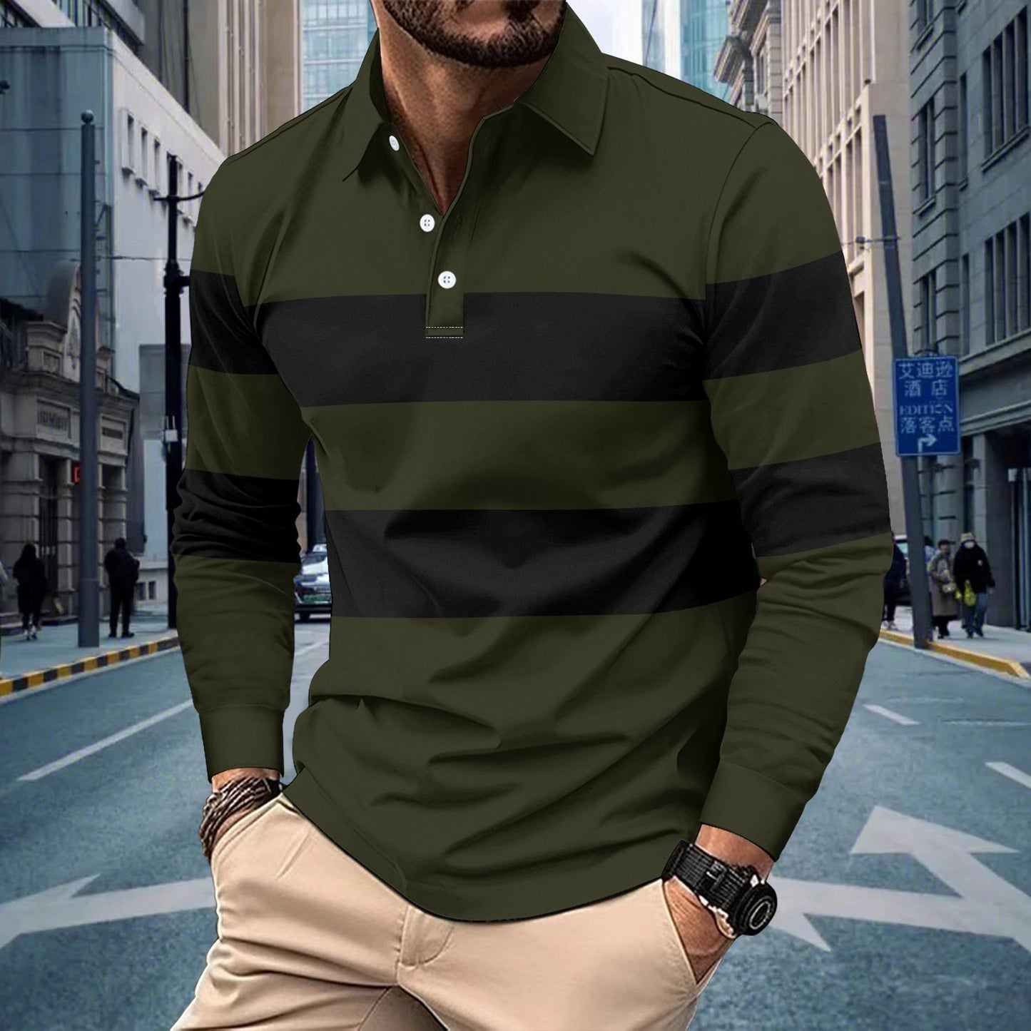 Long Sleeve Polo Shirt Spring Autumn Men's Casual Stripe Turn-Down Collar High Quality Men's T-Shirt Top
