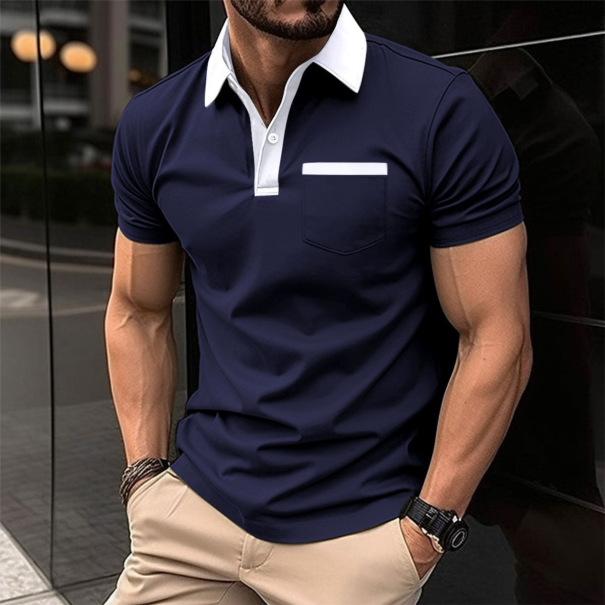 New Men's Business Casual Sport Pocket Short Sleeve Turn-Down Collar Polo Shirt Breathable