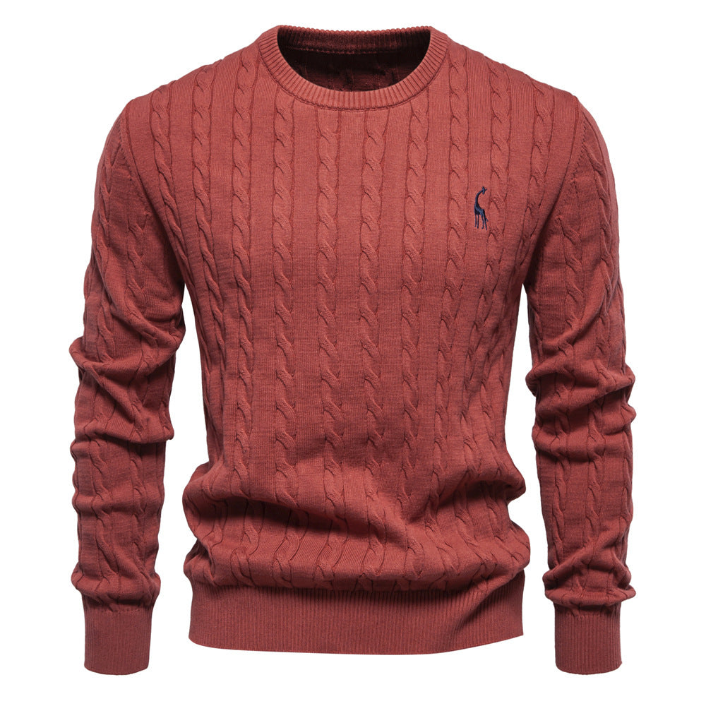 2025 Fall & Winter Men’s Pullover Sweater - High-Quality Solid Color Knit with Deer Embroidery