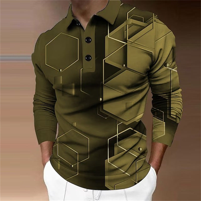 New New Trendy Casual Geometric Pattern Men's Long Sleeve Turn-Down Collar Polo Shirt