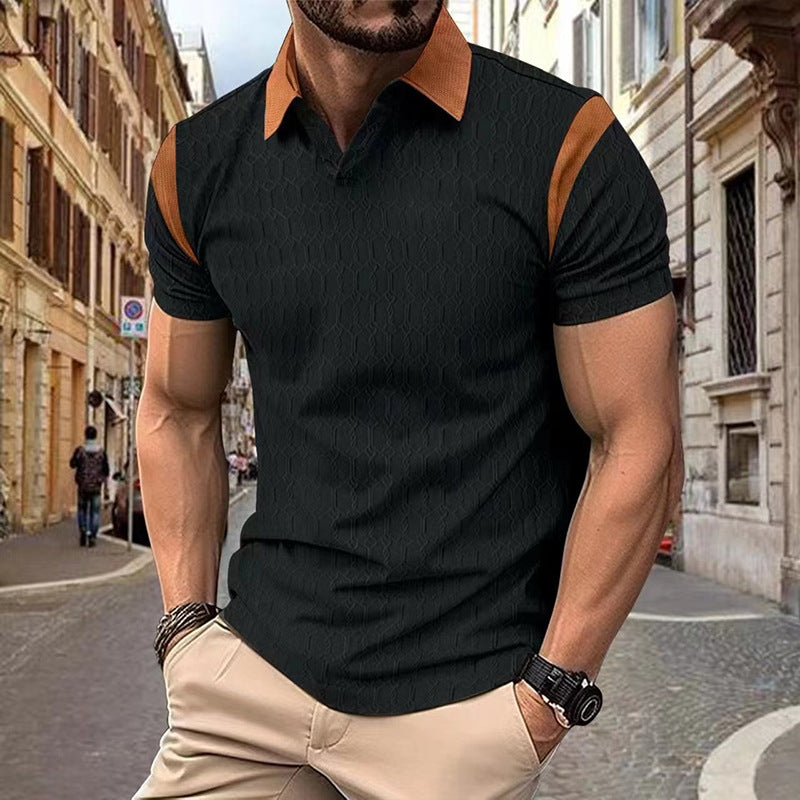 Summer New Slim Fit Polo Shirt Men Waffle Knit Jacquard Color-Block Turn-Down Collar Men's Wear Short Sleeve