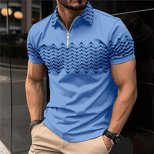 Men's Wear New Independent Site Supply Casual Color-Block Polo Zipper Turn-Down Collar Polo Shirt Short Sleeve