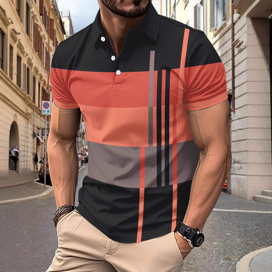 Summer Men's Daily Casual Stripe Print Turn-Down Collar Short Sleeve Polo Shirt