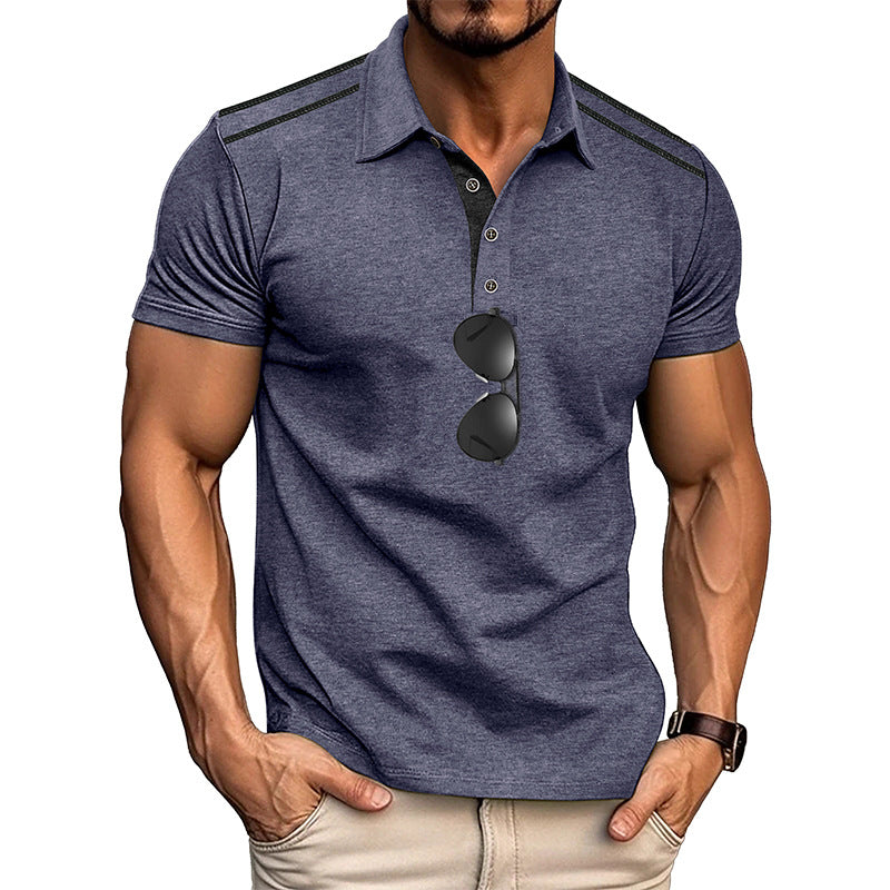 Summer Men's Wear Short Sleeve Turn-Down Collar Polo Shirt Button Retro Color-Block Polo Shirt Men