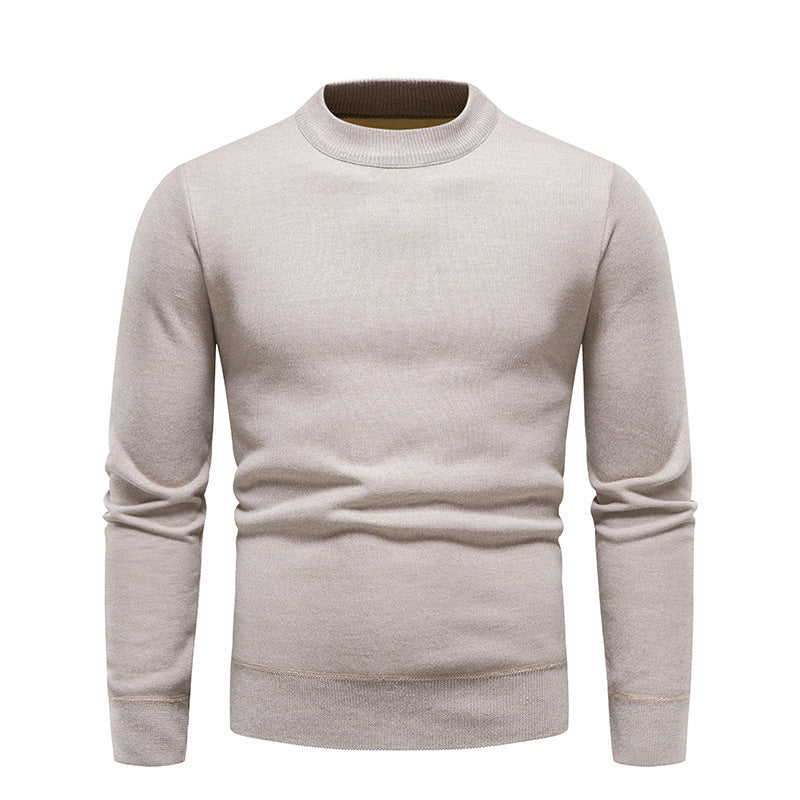 Solid Color Round Neck Fleece-Lined Knit Sweater Men's Long-Sleeve Base Layer T-Shirt