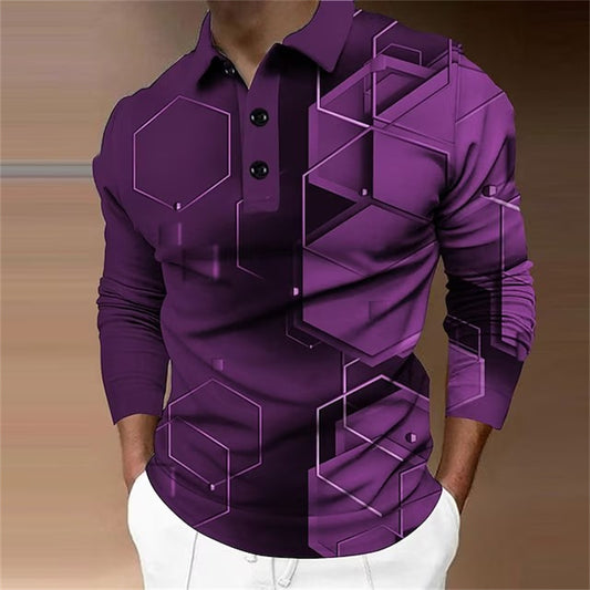 New New Trendy Casual Geometric Pattern Men's Long Sleeve Turn-Down Collar Polo Shirt