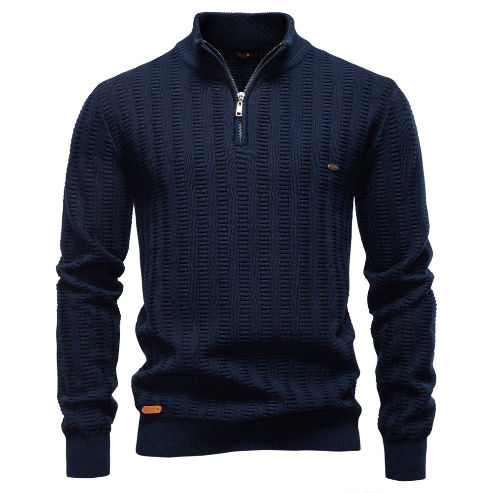 New Striped Jacquard Men’s Semi-Zip Stand Collar Business Sweater