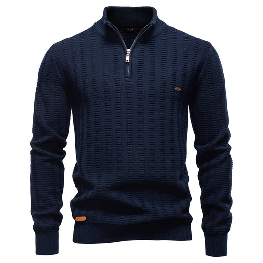 New Striped Jacquard Men’s Semi-Zip Stand Collar Business Sweater