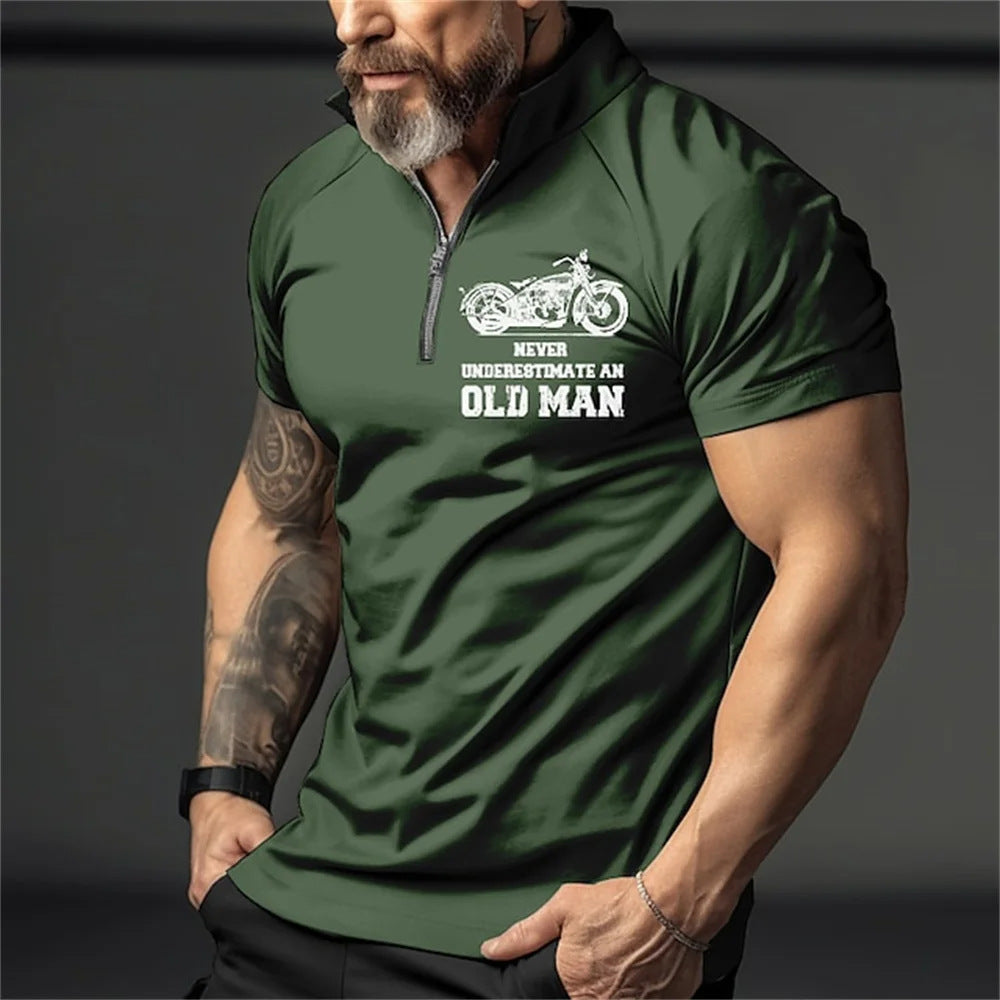 Retro Short Sleeve Men's Polo Shirt Motorcycle 3D Print Turn-Down Collar Zipper Men's Top High Quality Casual Wear