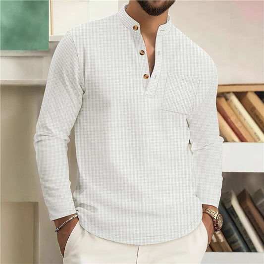 Autumn Men's New Waffle Knit Solid Color Stand Collar Pocket Long Placket Button Long Sleeve Polo Shirt