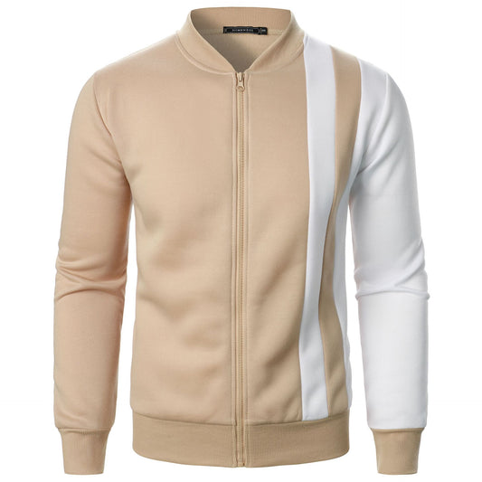 Men's New Zip-Up Stand Collar Color-Block Hoodie Casual Open-Front Jacket