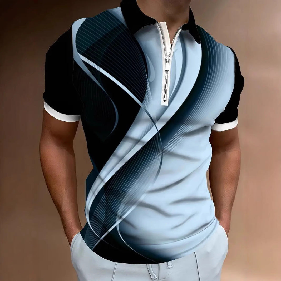 Summer New Men's 3D Digital Print Sport Casual Geometric Pattern Short Sleeve Zipper Polo Shirt