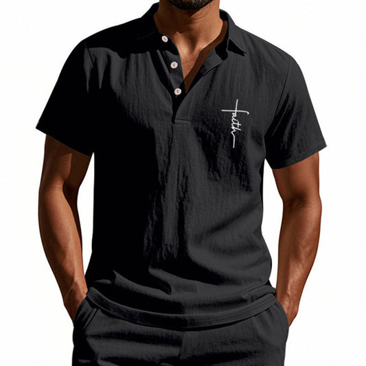 Summer Men's British Style Loose Trendy Breathable Linen Turn-Down Collar Button Polo Shirt Short Sleeve