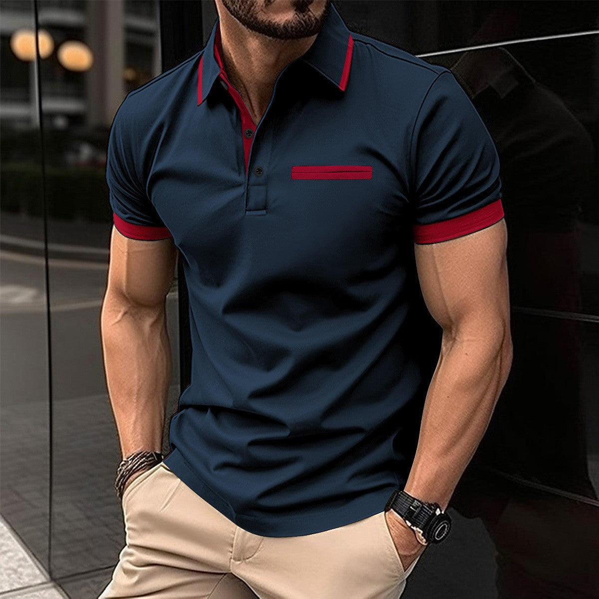 Summer Men's New Casual Turn-Down Collar Chest Fake Pocket Button Color-Block Casual Polo Shirt