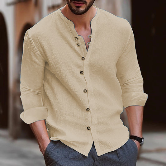 New Men's Vintage Solid Color Linen Casual Button Long Sleeve Shirt