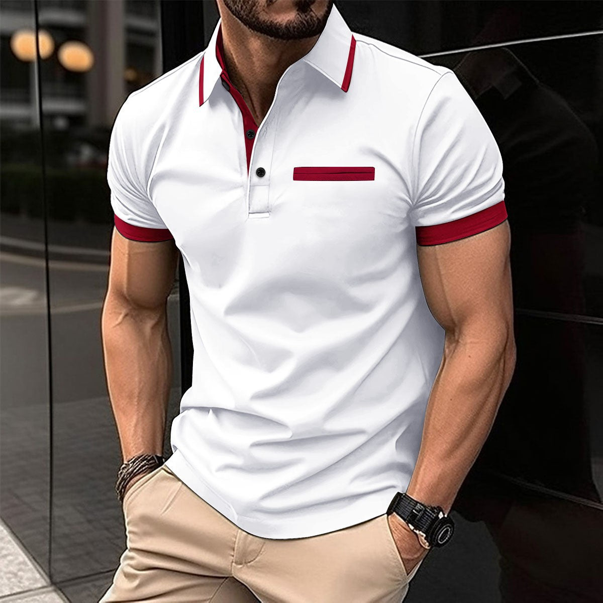 Summer Men's New Casual Turn-Down Collar Chest Fake Pocket Button Color-Block Casual Polo Shirt