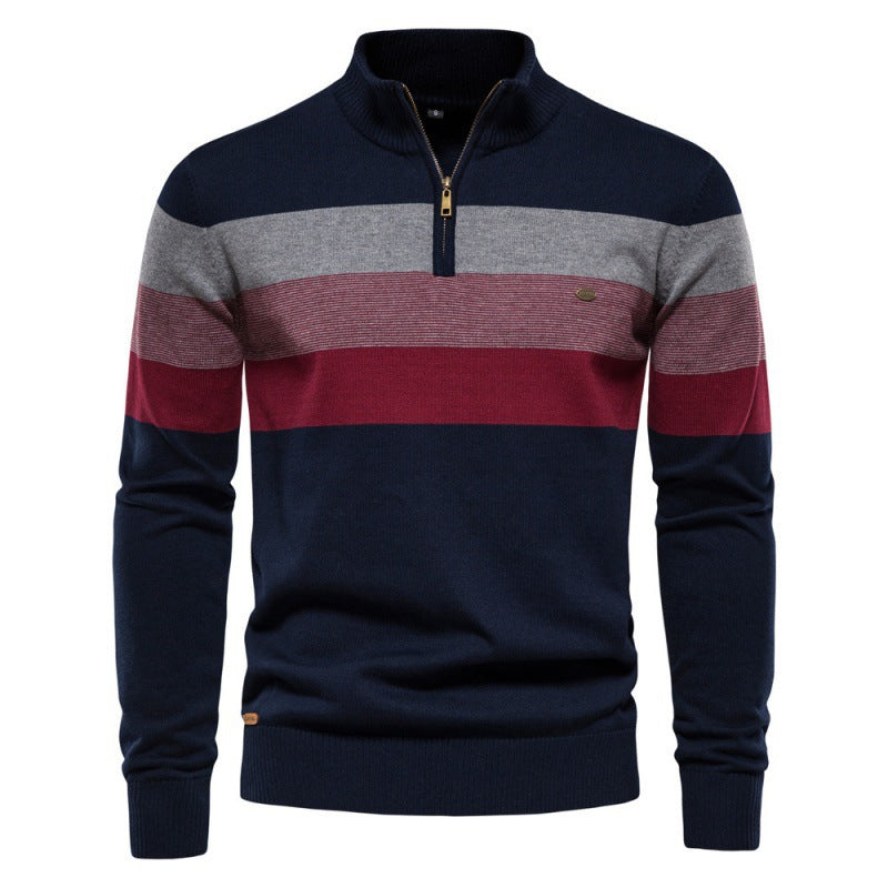 Trendy Men’s Semi-Zip Striped Knit Sweater – Color-Block Design