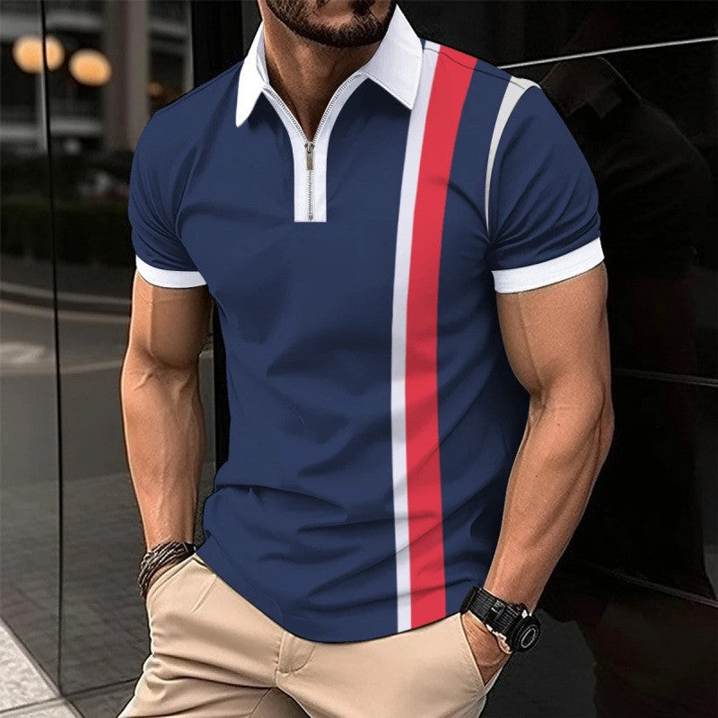 Trendy Men Summer Men's Short Sleeve Polo Shirt Turn-Down Collar Zipper Slim Fit Top T