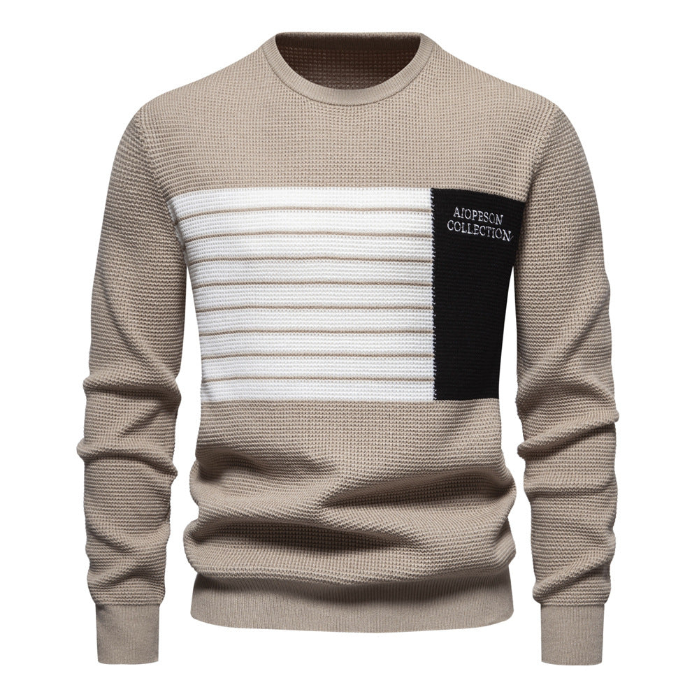 Autumn New Men's Sweater Striped Patch Long-Sleeve Round Neck Trendy Casual Knit