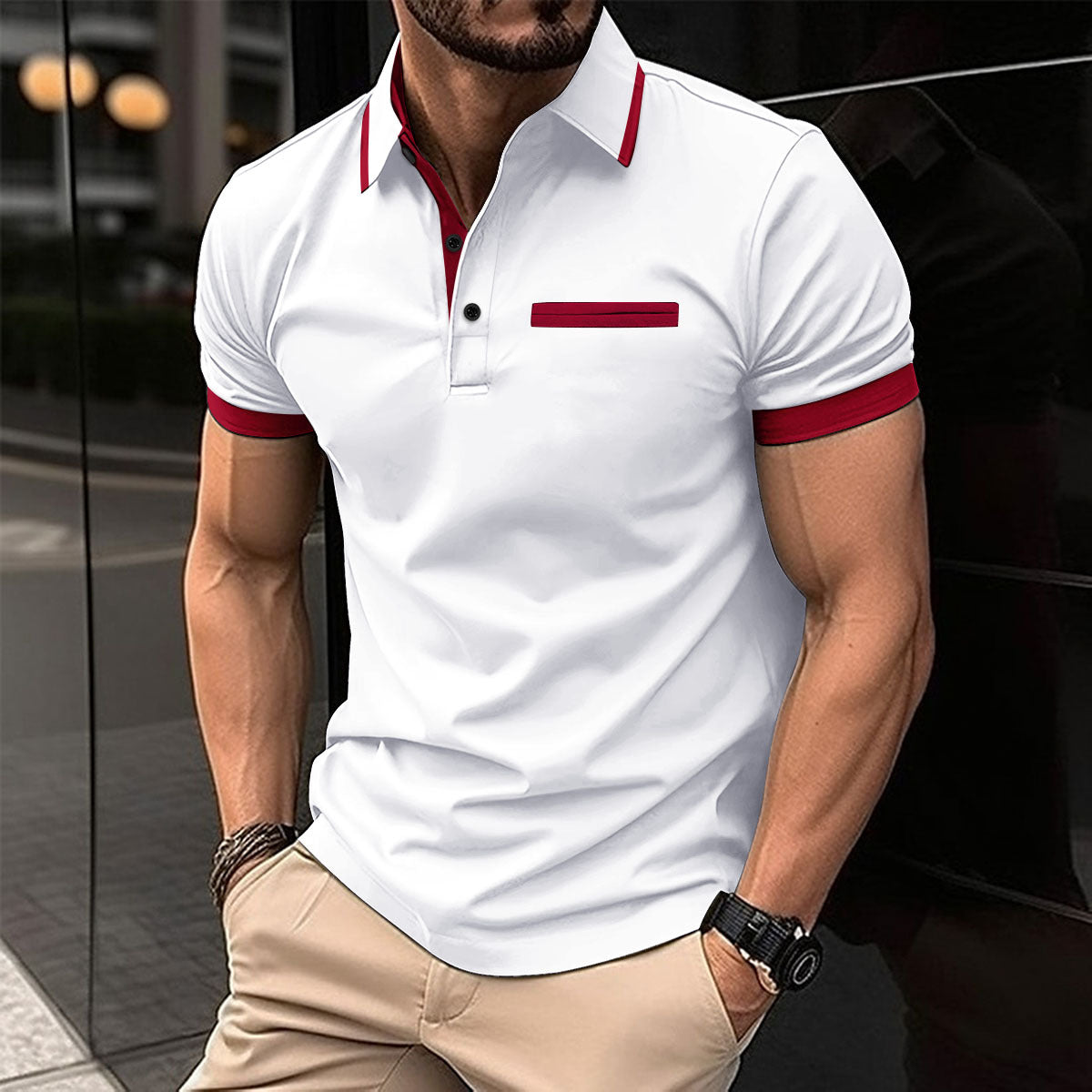 Style Men's Summer New Chest Fake Pocket Patchwork Color-Block Casual Sport Polo Shirt