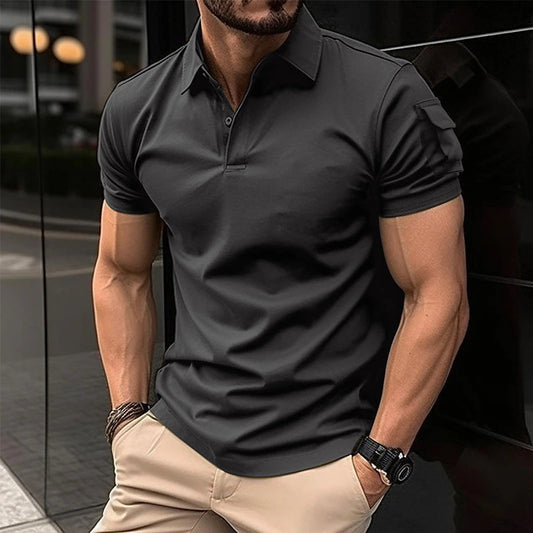 Summer Men's Turn-Down Collar Button Polo Shirt Arm Pocket Sport Polo Shirt