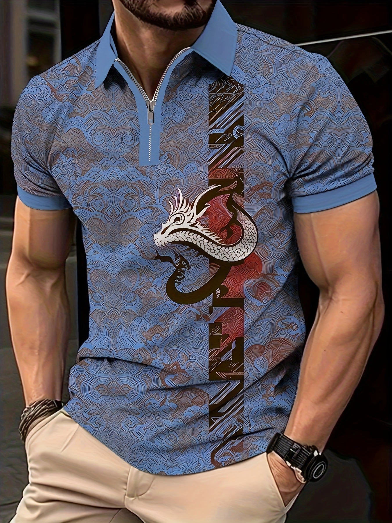 Men's Summer Hot Seller Dragon Pattern 3D Print Gradient Casual Business Zipper Short Sleeve Golf Polo Shirt