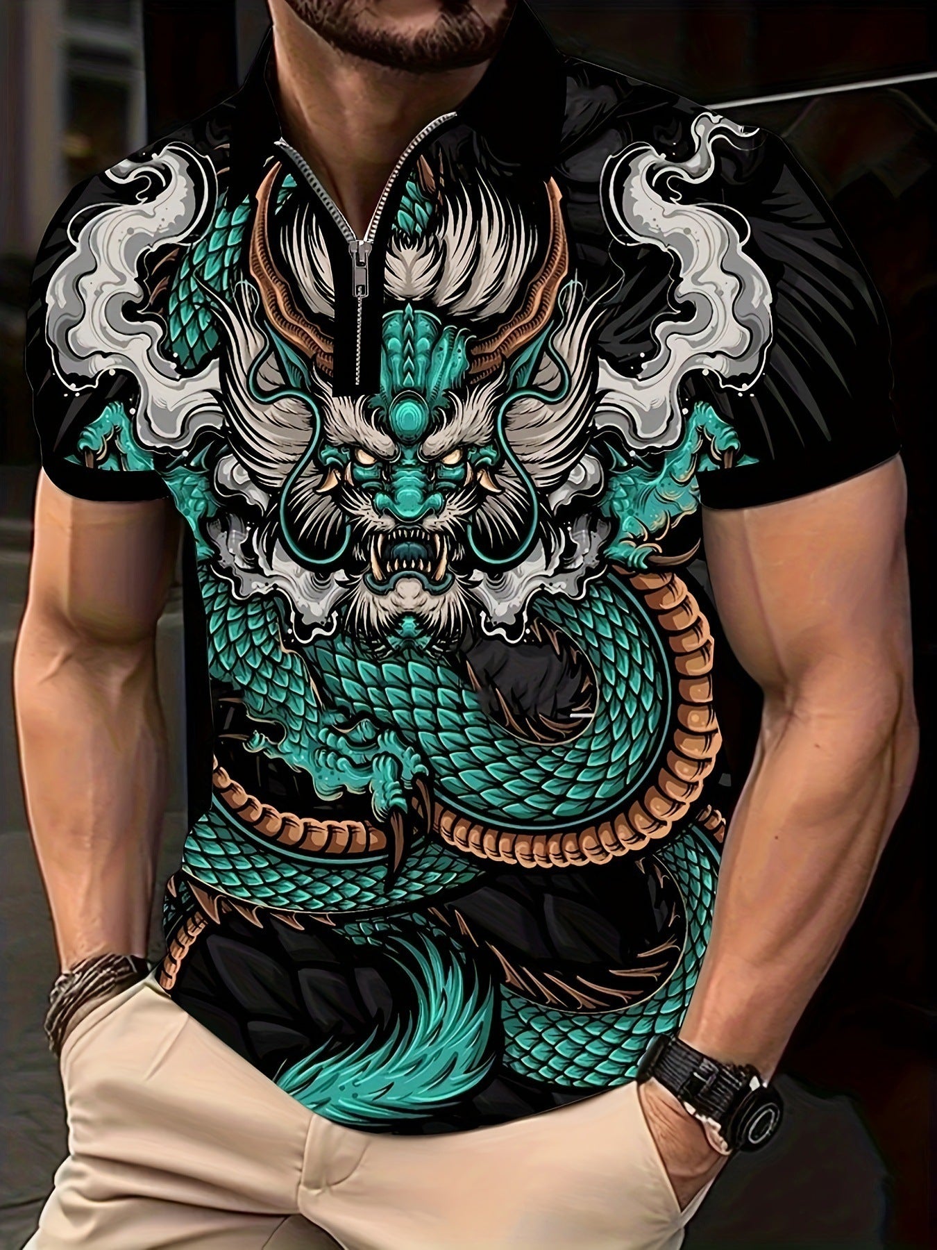 Men's Summer Hot Seller Dragon Pattern 3D Print Gradient Casual Business Zipper Short Sleeve Golf Polo Shirt
