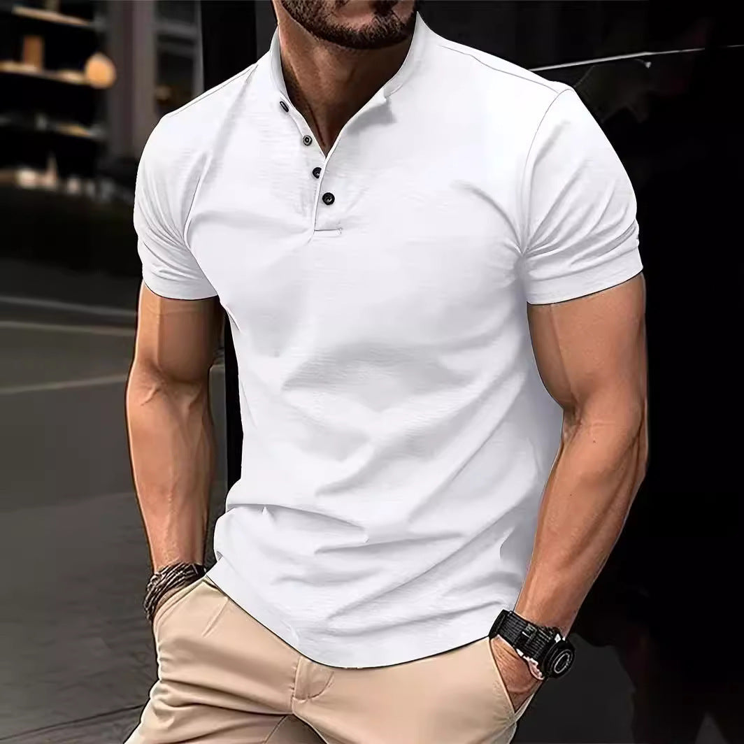 Ins Summer T-Shirt Men's Button Henley Collar Sport Polo Shirt