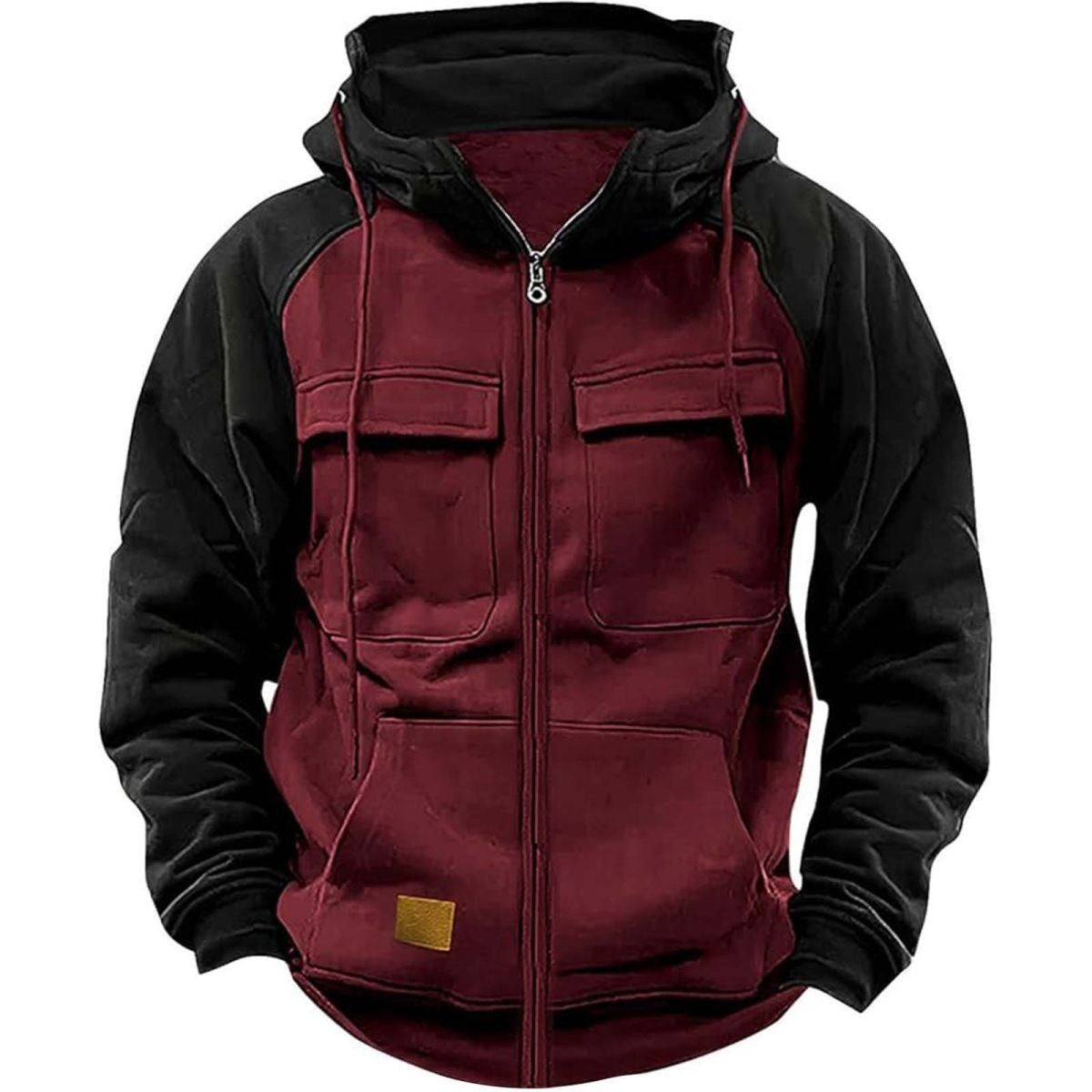 New Men's Solid Color Hoodie Youth Multi-Pocket Leather Patch Workwear
