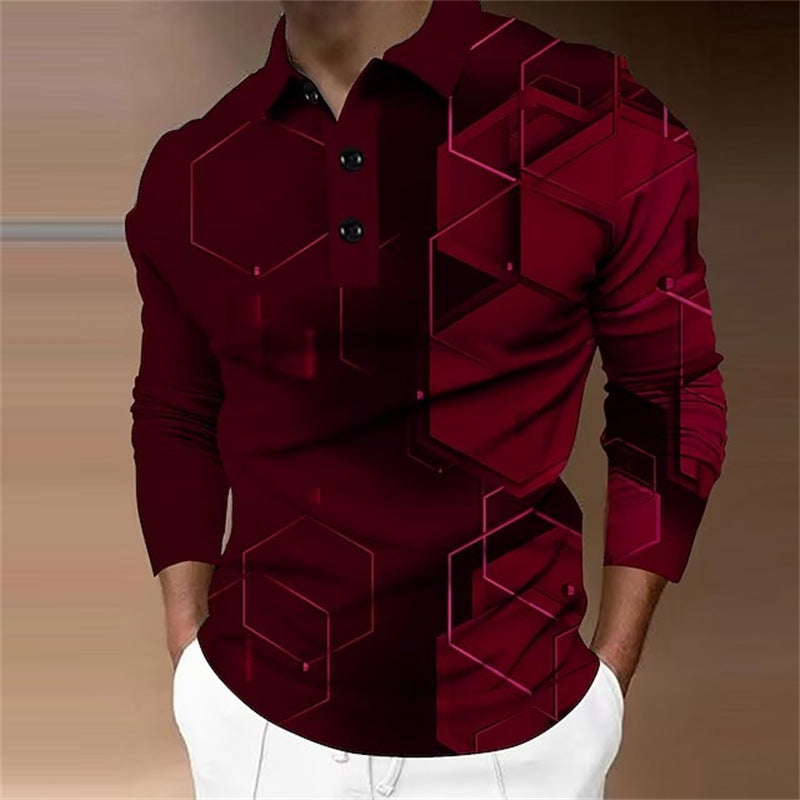 New New Trendy Casual Geometric Pattern Men's Long Sleeve Turn-Down Collar Polo Shirt
