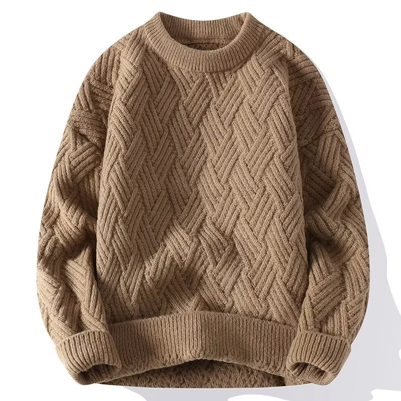 Men's Cable-Knit Sweater Casual Versatile Solid Color Round Neck Pullover