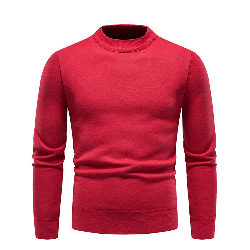 Solid Color Round Neck Fleece-Lined Knit Sweater Men's Long-Sleeve Base Layer T-Shirt