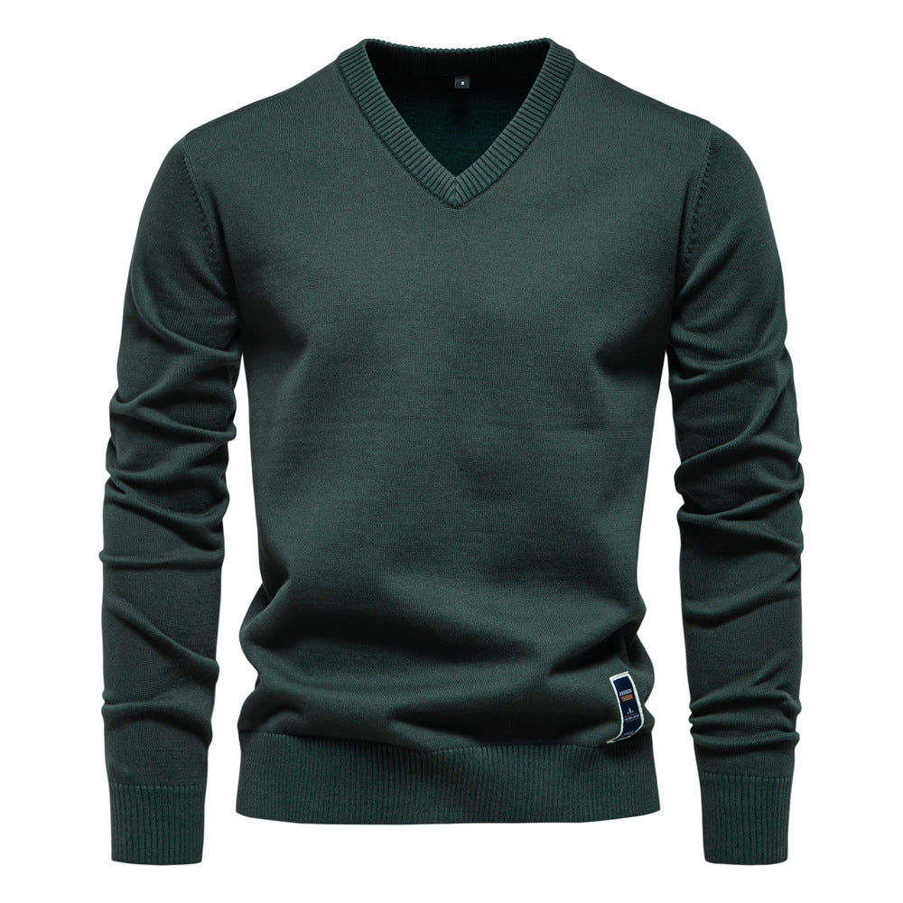 2025 Fall/Winter Men’s Cotton V-Neck Sweater | Trendy Solid Color Knit Pullover