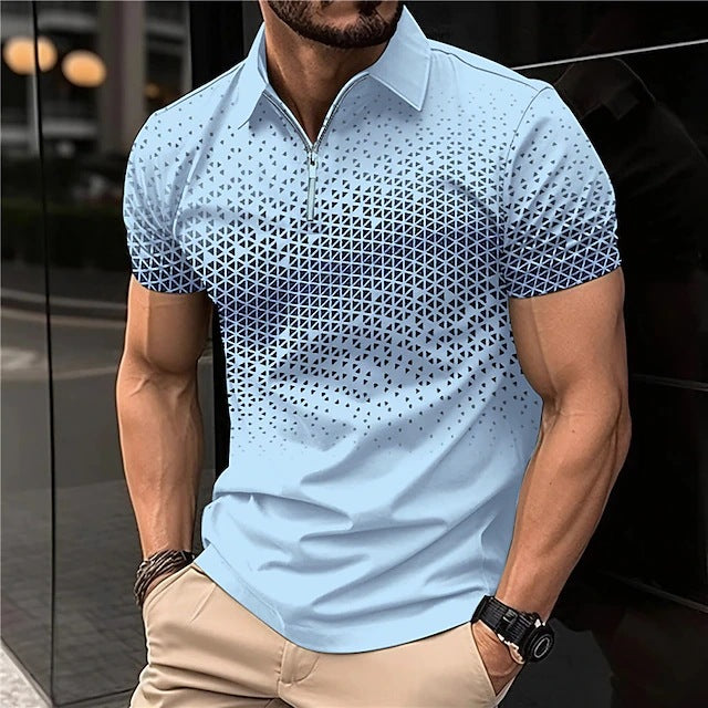 Men's Wear New Independent Site Supply Casual Color-Block Polo Zipper Turn-Down Collar Shirt Short Sleeve